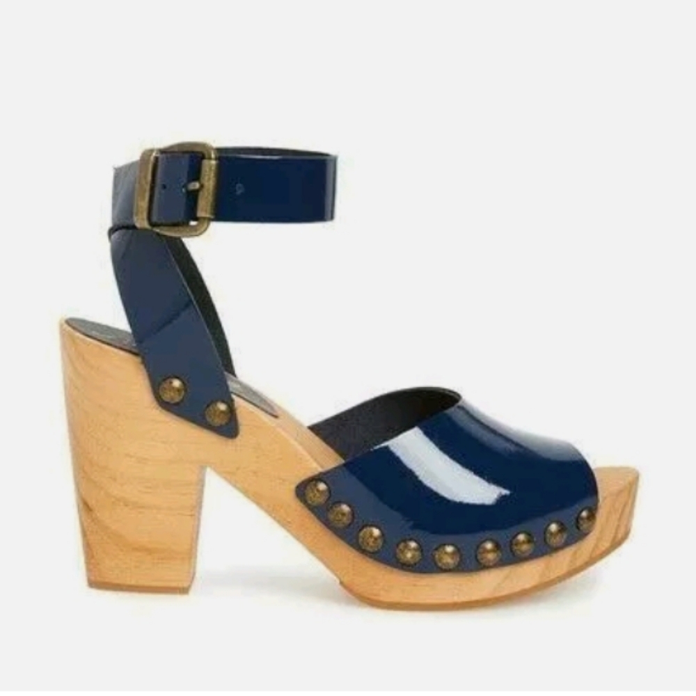 Navy Patent Leather Wood-Platform Clog Sandals with Ankle Strap